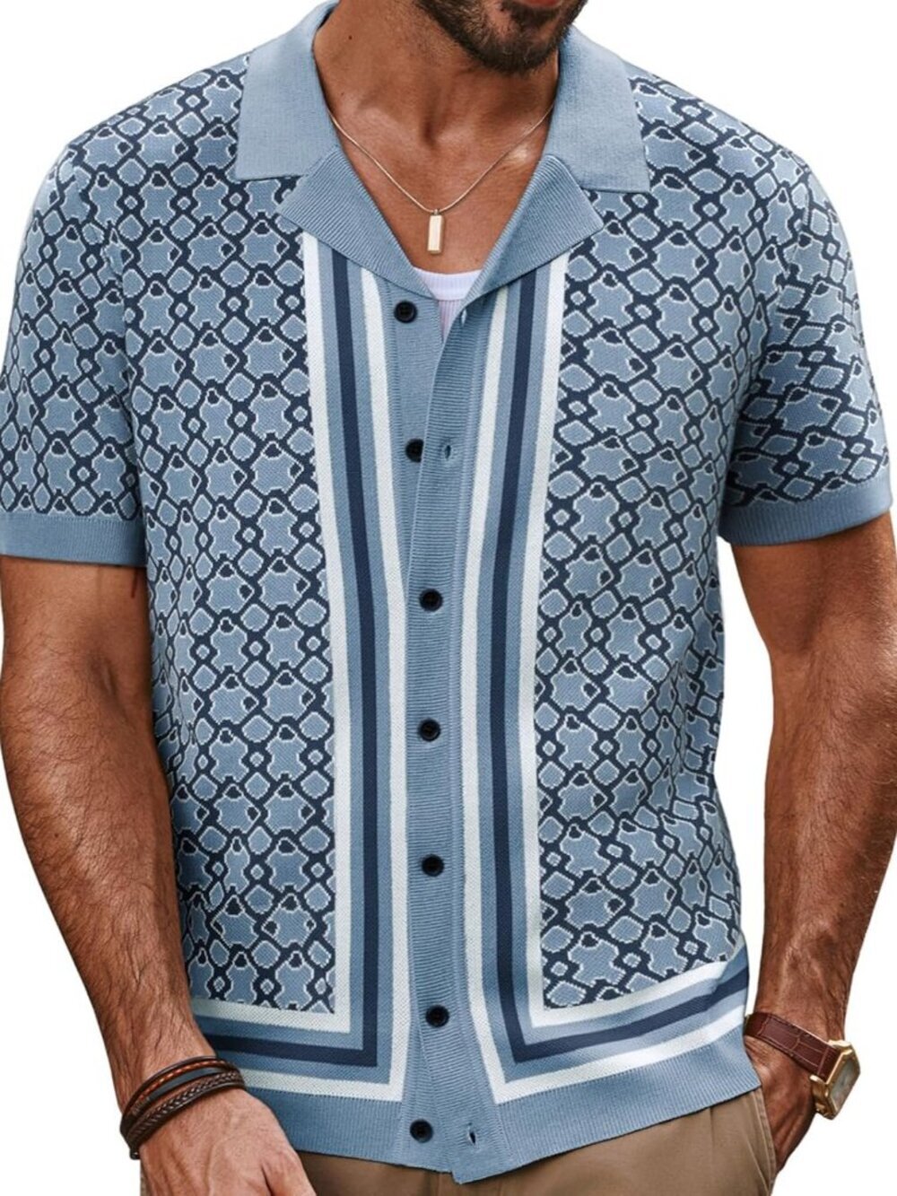Men's Blue-grey Vintage Cuban Collar Knit Polo Shirt Button Down Shirt